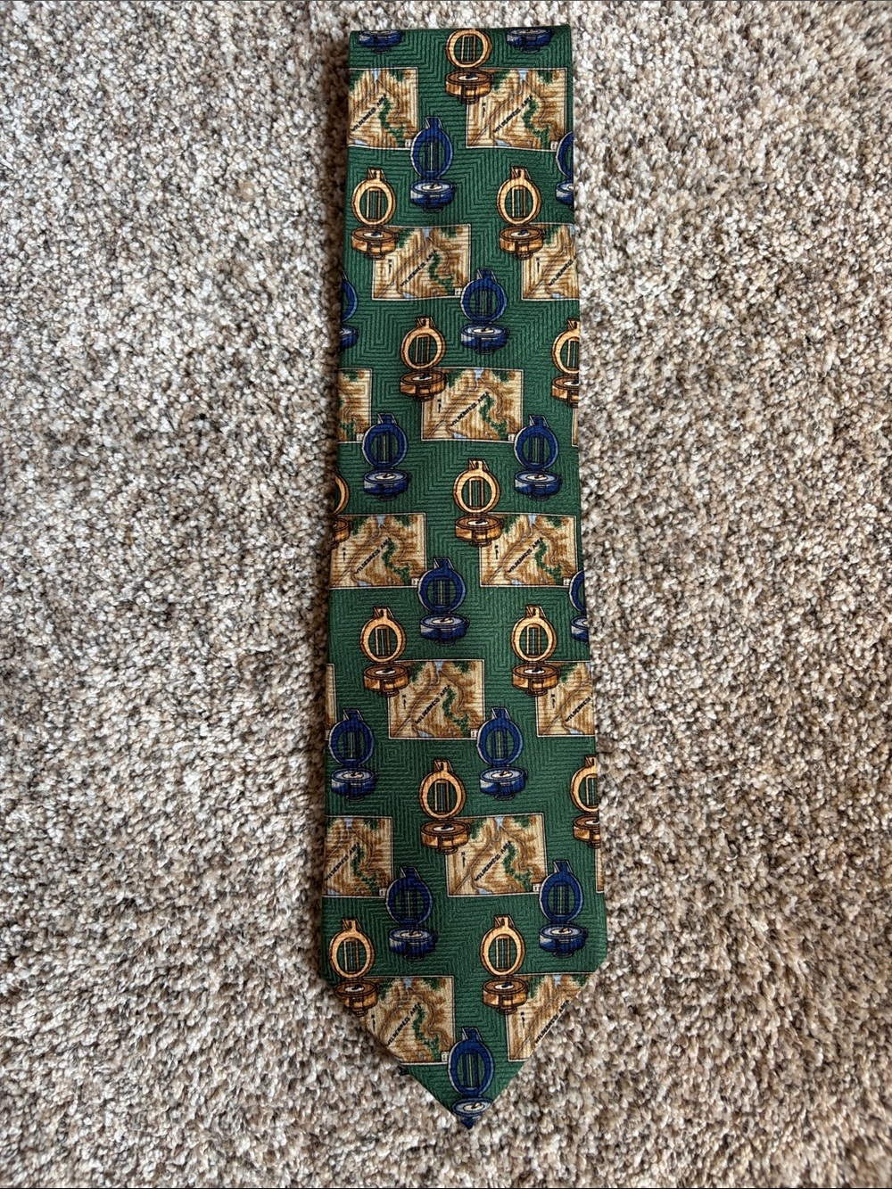 Vintage Field & Stream Green Tie with Blue and Gold Motif